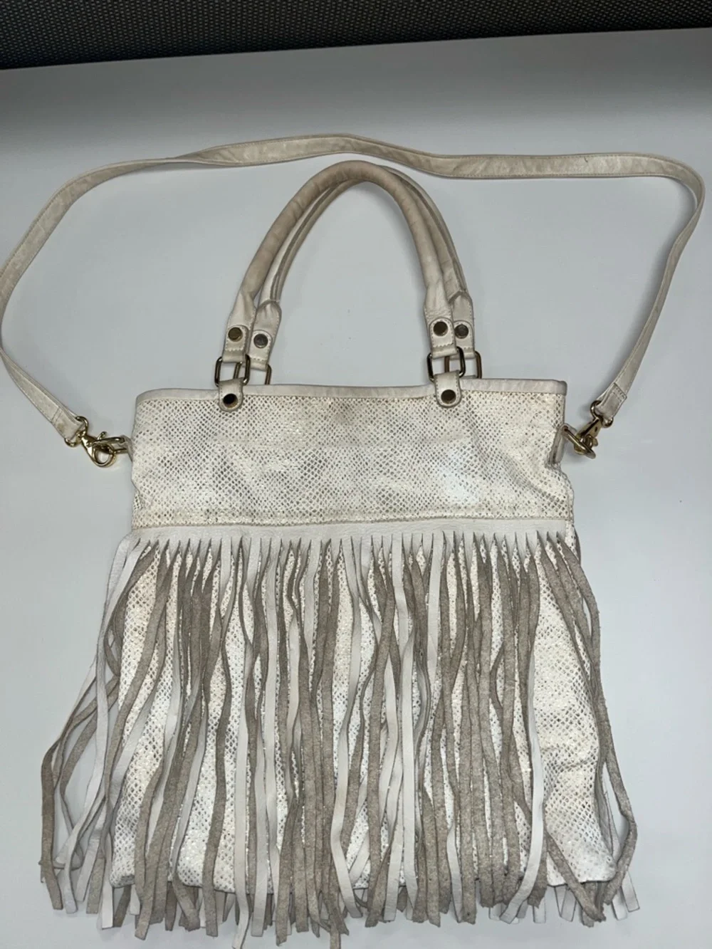 B-Low the Belt White & Gold Fringe Leather & Canvas Shoulder Bag
